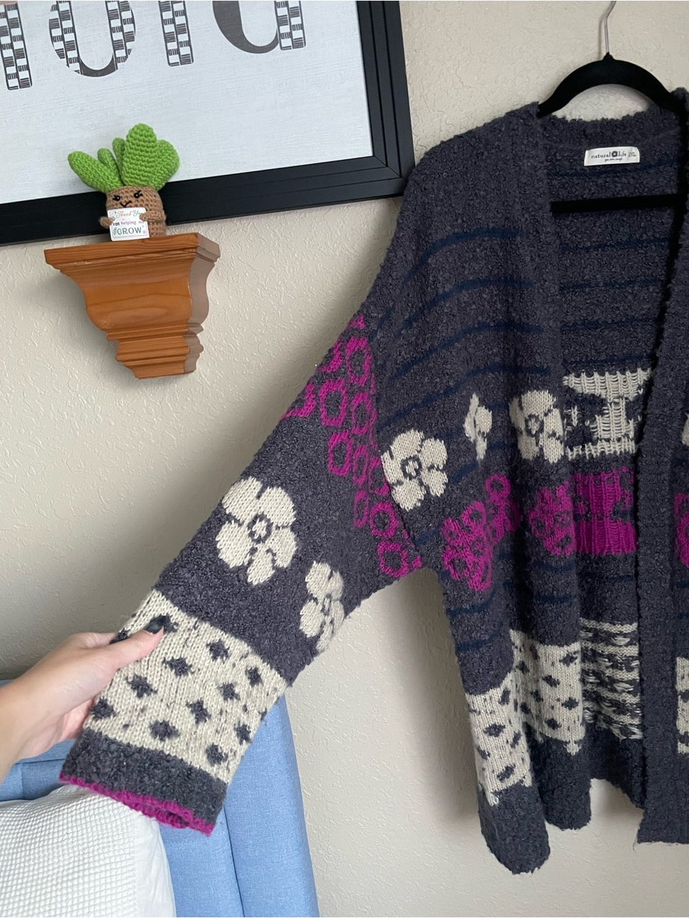 Natural Life Calla Jacquard Cardigan Sweater Size L/XL Charcoal Flower Boho Fun - Picture 9 of 11